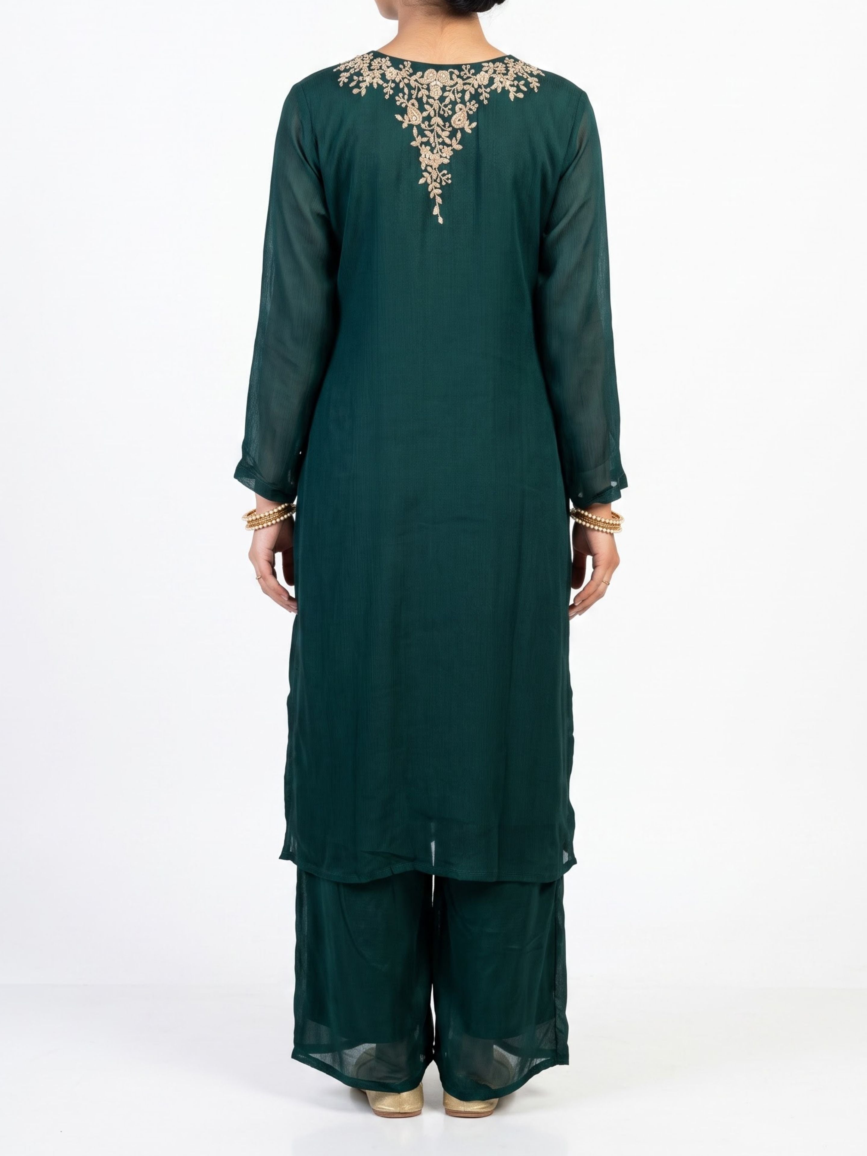 Green Chinon Shirt, Palazzo, Shrug And Dupatta with Cutdana, Sequins, Pearl and Dabka Embroidery 1